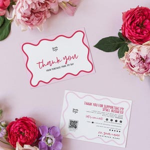 Whimsical Wavy Business Thank You Card Canva Template, Cute Printable Thanks For Purchase, Wavy Border Package Insert QR code, Squiggle