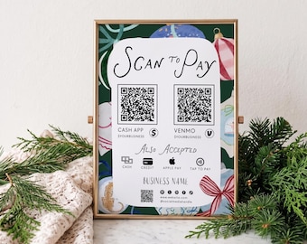 Whimsical Holiday Scan to Pay Sign Canva Template, QR Code Editable Accepted Payments, Cashapp Venmo