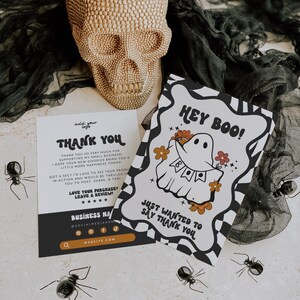 Retro Halloween Business Thank You Card Template, Editable Spooky Business Thank You Hey Boo Checkered Ghost Package Insert Mailer Printable