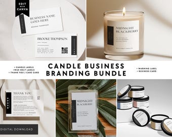 May include: A candle business branding bundle featuring business cards with black and white text, a lit candle in a glass jar labeled Midnight Blackberry, a thank you card, a wax melt package, and several small round tins with various labels.