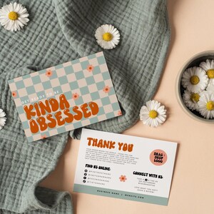 Retro Daisy Thank You Card Template, Editable Small Business 70s Groovy Thank You Card, Order Package Insert, Printable Checkered Thank You