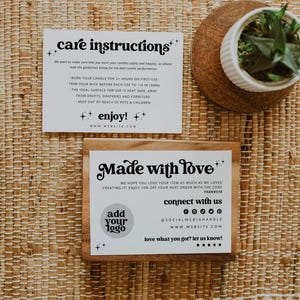 Retro Candle Care Card with Logo, Printable Business Thank You Card Template, Editable Candle Instructions Card, Package Insert Card - Dani