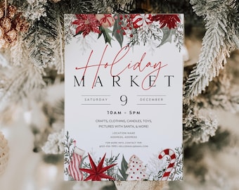 May include: A rectangular white flyer for a Holiday Market on Saturday, December 9, from 10 AM to 5 PM. The design features red and green botanical illustrations, a stocking, a star, a tree, and a candy cane with black and red text.