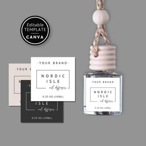 May include: A glass car oil diffuser with a light wood cap and hanging cord, accompanied by three square labels in white, black, and beige. Each label features the text YOUR BRAND, NORDIC ISLE, oil diffuser, and 0.33 OZ. (10ML).