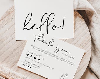 Puede incluir: Dos tarjetas rectangulares blancas con texto en negro. La tarjeta superior dice hello! en letra cursiva. La tarjeta inferior dice thank you for your order!, incluye iconos de redes sociales, el texto @SOCIALMEDIAHANDLE | WEBSITE.COM y cinco estrellas.