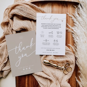Neutral Candle Care Card Canva Template with Icons Editable Business Thank You Minimal Candle Business Package Insert Candle Warning - Cinna