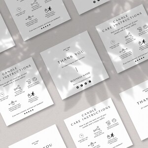 May include: A collection of square white cards featuring black text and icons. The cards display Candle Care Instructions with safety symbols and Thank You notes for supporting a small business, including space for a logo and social media handles.