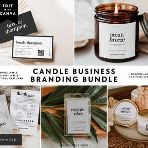 Candle Business Branding Bundle Canva Template - Candle Label Wax Melt Label, Thank You & Care Card, Business Card, Warning Label - Cove