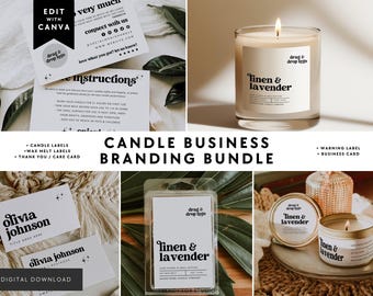 May include: A candle business branding bundle featuring editable templates for candle labels, wax melt labels, thank you cards, and business cards. The designs include text for linen and lavender scents, care instructions, and placeholders for logos.