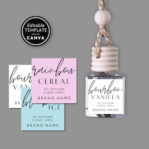 May include: A small glass oil diffuser with a wooden top and a hanging rope, labelled "bourbon vanilla." The image shows three sample labels: "bourbon vanilla," "rainbow cereal," and "spice." The labels are in white, pink, and blue, with the text "Editable Template Canva."