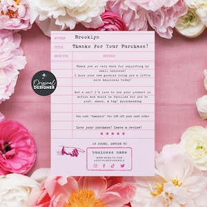 May include: A light pink rectangular card designed like a library checkout slip with the text Brooklyn, Thanks For Your Purchase!, and social media icons. It includes a thank you message, a discount code, and a review request section.