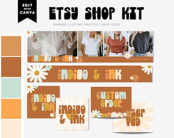 Retro Etsy Banner Canva Template With Images, DIY Groovy Etsy Branding, Editable Daisy Shop Banner, Etsy Branding, Retro Etsy Cover - Bohdi