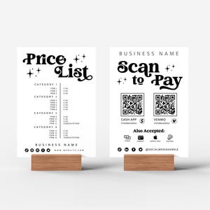 Retro scan-to-pay-bord en prijslijstsjabloon, QR-codebord, afdrukbaar betalingsbord, bord geaccepteerde betalingen, prijsblad, prijsgids- Dani