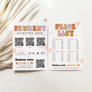 Retro Scan to Pay & Price List Sign Template Canva Rainbow QR Code Sign Printable Payment Sign Accepted Payments Pricing Sheet Guide- Birdie