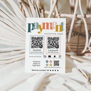 Boho Rainbow Scan to Pay Sign Template Canva, 2 QR Code Printable Payment Sign, Accepted Payments CashApp Paypal Venmo Printable Sign - Nova