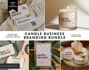 May include: A candle business branding bundle featuring business cards, a lit candle in a glass jar, a thank you card, and a wax melt package. All items display a beige and white checkered pattern with the text Spring Blossom.