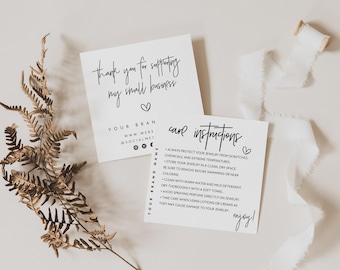 May include: Two square white cards with black text. One card reads thank you for supporting my small business with a heart icon. The other card lists care instructions for jewelry, including cleaning and storage tips, ending with the word enjoy.
