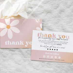 Editable Retro Daisy Small Business Thank You Card Canva, Printable Pastel Thanks For Your Purchase Card Cute Business Package Insert - Ruby