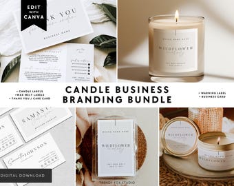 Candle Business Branding Bundle Canva Template - Candle Label Wax Melt Label, Thank You & Care Card, Business Card, Warning Label - Casey