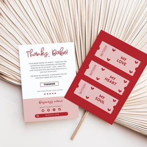 Valentine Business Thank You Card Canva Template, Love Ticket Editable Thank You Card, Package Insert, Trendy Cute Pink Red Order Postcard