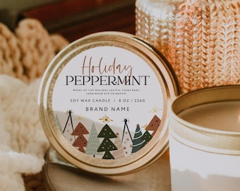 Round Christmas Candle Label Canva Template, Editable Holiday Seasonal Candle Tin Branding - Sage