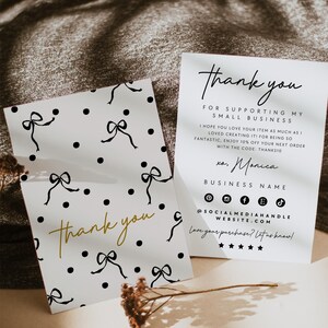 Bow Business Thank You Card Canva Template, Cute Printable Thank For Purchase, Trendy Coquette Border Package Insert Postcard Insert Card
