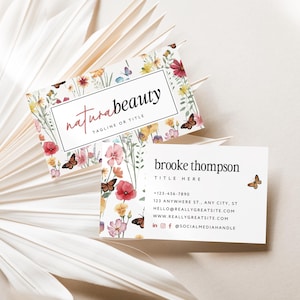 Boho Business Card Canva Template, Editable Floral Printable Business Card, DIY Feminine Wildflower Business Card Printable Butterfly - Roe