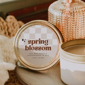 Retro Round Checkered Candle Label Canva Template, Editable Circle Candle Tin Lid Label, Fun Circular Candle Sticker Printable - Pixie