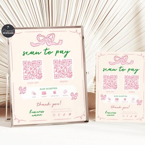 Girly Scan to Pay 2 QR Code Sign Canva Template, Coquette Printable Payment Sign, Accepted Payments CashApp Venmo Pay Here Flyer - CB10