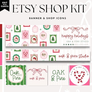 May include: An Etsy Shop Kit graphic with banners and shop icons. The design features a color palette of red, green, and pink. The banners have a repeating pattern of Christmas ornaments and gifts. Shop icons include the text "Oak & Pine" and holiday-themed graphics.