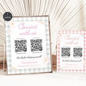 Girly Social Media Sign Canva Template QR Code, Follow Us On Social Media, Preppy Gingham Small Business Social Media Sign Template - CB11