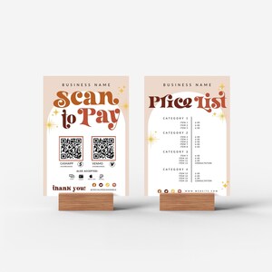 Retro scan-to-pay-bord en prijslijst Canva-sjabloon QR-codebord, afdrukbaar betalingsbord Geaccepteerde betalingen Prijsblad, prijsgids - Ace