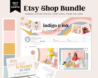 May include: An Etsy Shop Bundle graphic with the text "Etsy Shop Bundle" and "Banner | Listing Photos | Shop Icon | Thank You Card". The image includes a colour palette and examples of shop branding, including a thank you card that says "this package is happy to see you too".