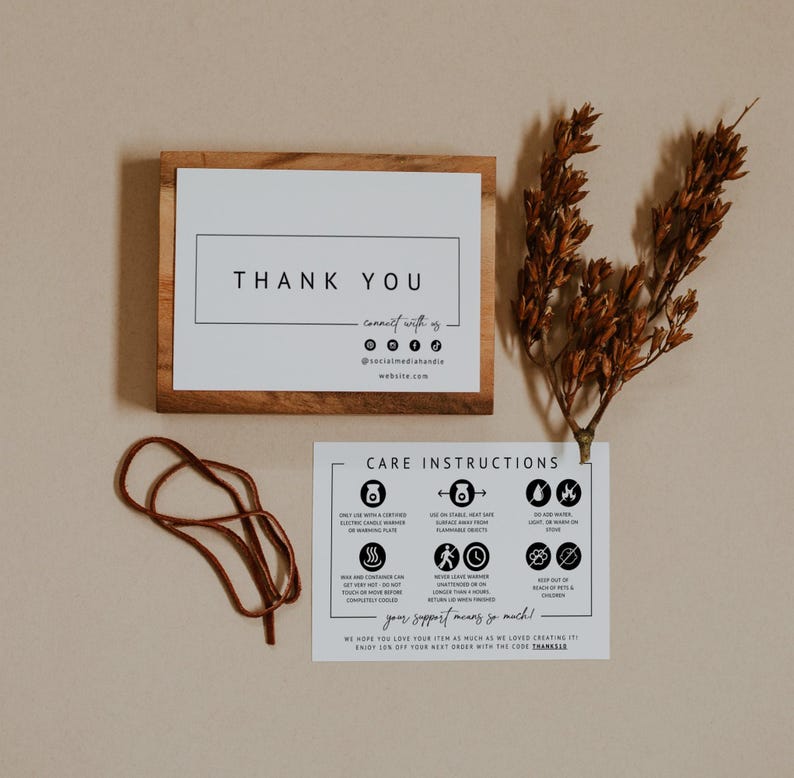 Modern Wickless Candle Care Card Template with Icons, Candle Instructions, Editable Thank You Card, Candle Business Package Insert - April image 4