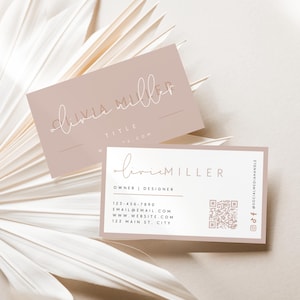 Boho Business Card Canva Template, Printable Neutral Business Card Design with QR Code, Bohemian Editable Blush Pink Business Card - Stella