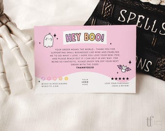 Pastel Rainbow Halloween Business Thank You Card Canva Template, Editable Ghost Package Insert