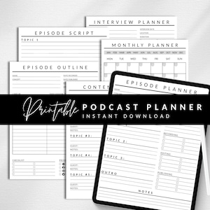 May include: Printable podcast planner with sections for episode outline, script, checklist, and monthly calendar. The planner also includes sections for recording, editing, and publishing.