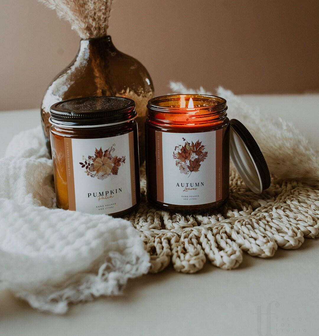 Fall Candle Label Canva Template, Editable Candle Labels, Autumn Leaves