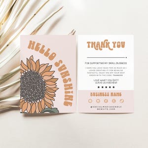 Sunflower Business Thank You Card Template Canva, Printable Retro Thanks For Your Purchase Card, Boho Sunshine Personalized Insert Postcard