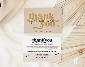 Puede incluir: Dos tarjetas de agradecimiento rectangulares. La tarjeta superior es beige con texto dorado que dice thank you for your order y business name. La tarjeta inferior es blanca y beige con texto negro que incluye thank you for supporting my small business, find us online e iconos de redes sociales.