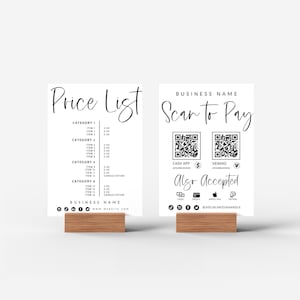 Modern scan-to-pay-bord en prijslijstsjabloon, QR-codebord, afdrukbaar betalingsbord, bord geaccepteerde betalingen, prijsblad, prijsgids Gwen