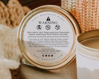 Candle Warning Label Template, Digital Download, Editable Label Template Design, 2&quot; Round Candle Safety Sticker, DIY Safety Candle Label