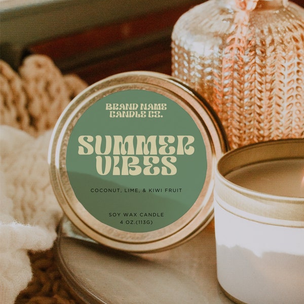 Retro Summer Round Candle Label Template Canva, Editable Candle Tin Lid Label, Circular Candle Sticker with Scent Notes, Colorful Bold