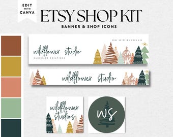 Boho Holiday Etsy Shop Bundle, Christmas Etsy Banner Canva Template, DIY Etsy Store Branding, Editable Etsy Banner, Seasonal Etsy Store