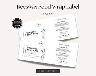 Pode incluir: Uma etiqueta retangular branca para embalagens de cera de abelha de 8,5x3,5 polegadas. O design apresenta texto preto, uma ilustração floral e seções para ingredientes, instruções e informações comerciais. Um emblema circular preto diz Editable Template Canva.