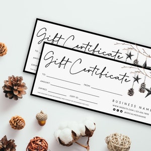 Modelo de certificado de presente de feriado, voucher de presente de Natal para impressão, cartão de presente editável, voucher de presente de spa, certificado moderno - Mara