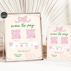 Girly Scan to Pay 2 QR Code Sign Canva Template, Coquette Printable Payment Sign, Accepted Payments CashApp Venmo Pay Here Flyer - CB10