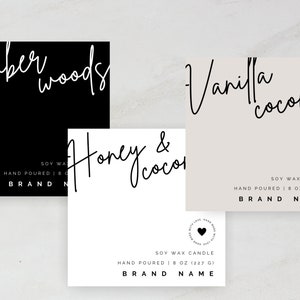 May include: Three square labels for soy wax candles. The labels are white with black text and a black heart logo. The scents are Amber Woods, Honey & Coco, and Vanilla Coconut. Each label says "Soy Wax Candle" and "Hand Poured | 8 oz (227 g) | BRAND NAME".