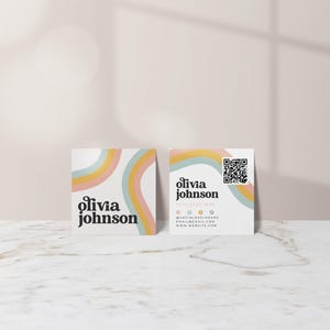 Retro Square Business Card Canva Template, Printable Rainbow Business Card Design, DIY Editable QR Code Business Card, Scannable Card - Dani