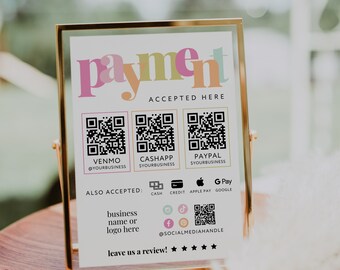 Rainbow Scan to Pay Sign Template Canva, 3 QR Code Printable Payment Sign, Accepted Payments Sign, CashApp Paypal Venmo Printable Sign - Mel